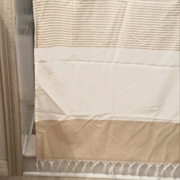 Coastal beige and white striped shower curtain with fringe - Picture 3 of 7